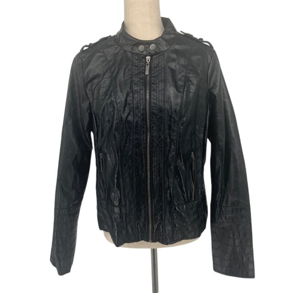 Black Faux Leather Moto Jacket L Faux Fur Lined Quilted Biker Rocker Punk Grunge